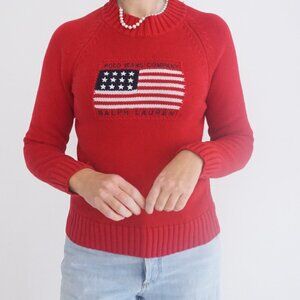 Vintage Polo Jeans Ralph Lauren Red Patriotic Flag Knit Mockneck Sweater S